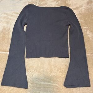 Divided Low Scoop Neck Back Grey Ribbed Women's Sweater Top Asymmetrical Cuff M